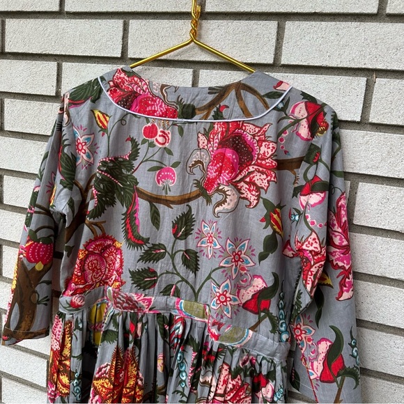 Handmade Cotton Block Print Floral Dress Gray Pink Tassel Tie Boho S India - Picture 7 of 10